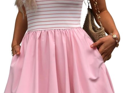 Women's Casual Bubble Mini Dress with Pockets Sleeveless Bubble Hem Striped Tank Short Dresses Summer