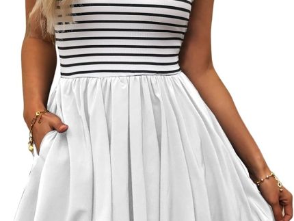 Women's Casual Bubble Mini Dress with Pockets Sleeveless Bubble Hem Striped Tank Short Dresses Summer