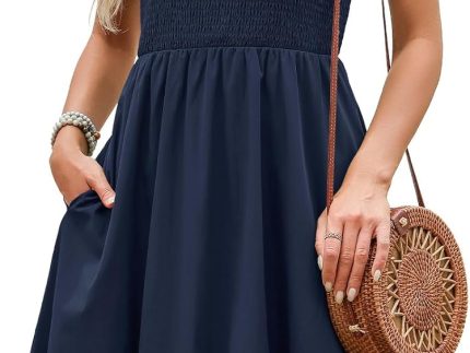 Womens Summer Smocked Sun Dress with Pockets 2026 Trendy Spaghetti Strap Boho Beach Casual Midi Bubble Dresses