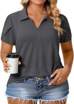 Plus-Size-Summer-Tops for Women Casual Collared V Neck Polo Shirts Business Tunics Trendy Petal Short Sleeve Blouses - Image 2